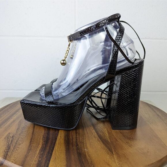 Simmi London Daina Black Patent Faux Snake Print Lace Up Platform Block Heel - Picture 4 of 16